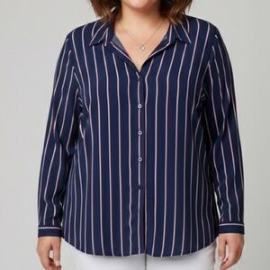 😍SHOW SPECIAL -REITMANS Navy Blue White Red Striped Button Front Shirt XXL P